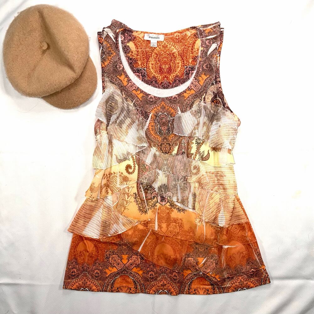 Dressbarn Tank Top Women XL Orange Festival Boho Hippie Mixed Media Ruffle Y2K